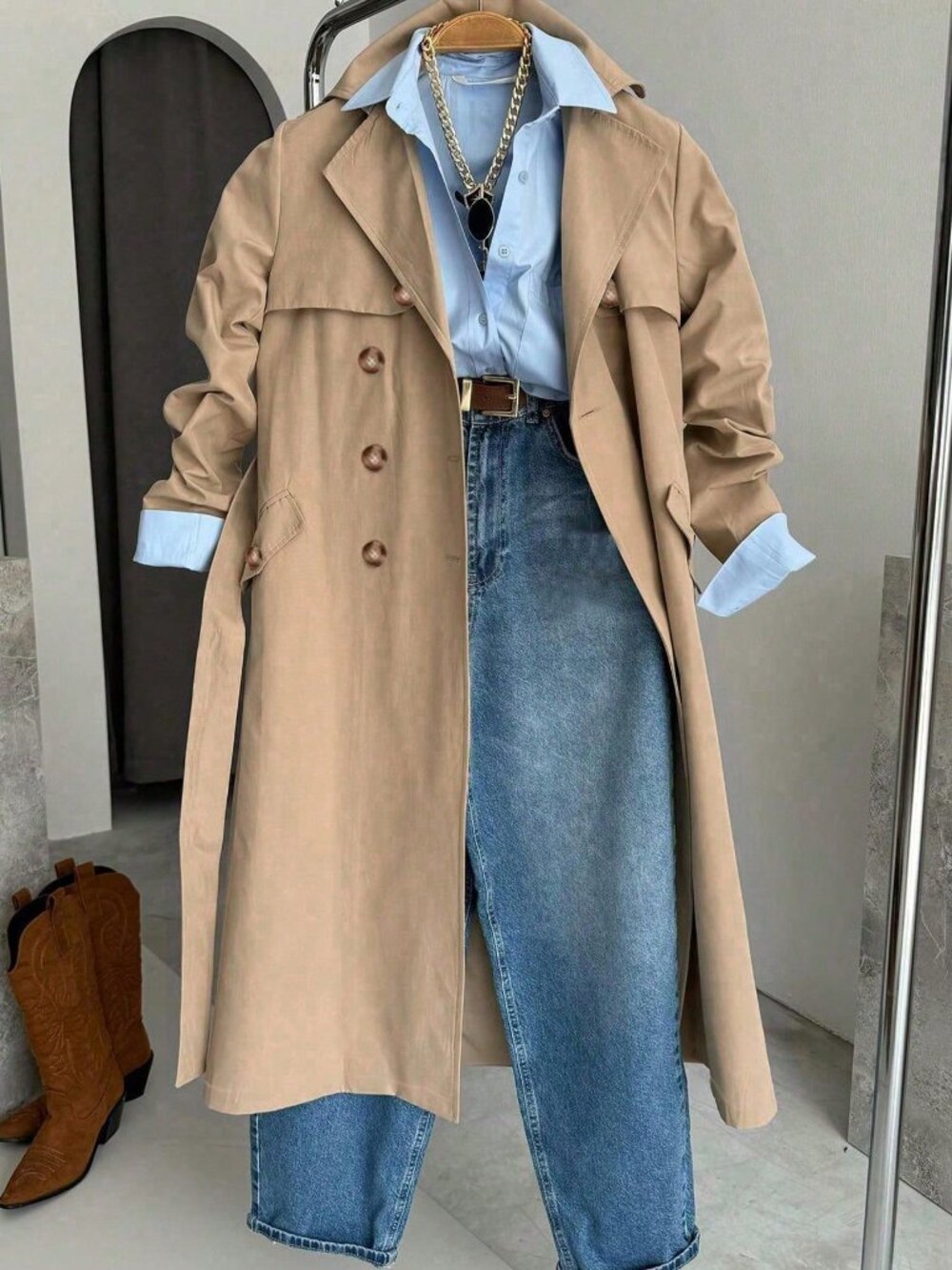 Khaki Casual Women's Trench Coat - Picture 4 of 6